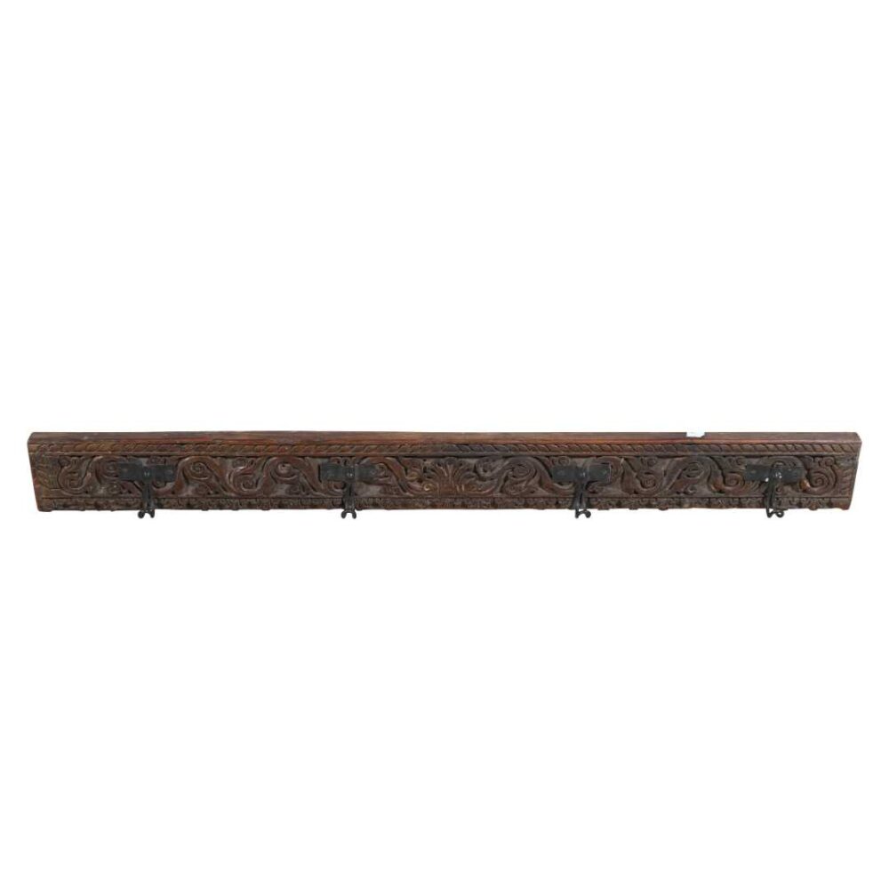 Antique Rich Mahogany Teak Carved Coat Hook Panel with Black Iron Hooks – Indian Vintage Scrollwork (123cm) - Image 2