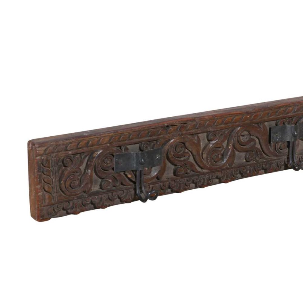 Antique Rich Mahogany Teak Carved Coat Hook Panel with Black Iron Hooks – Indian Vintage Scrollwork (123cm) - Image 3