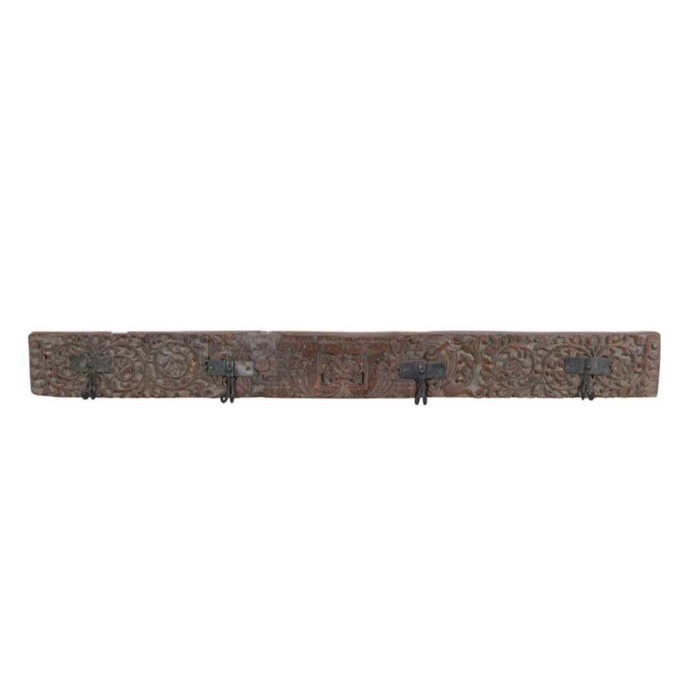 Antique Rosewood & Charcoal Teak Carved Coat Hook Panel with Black Iron Hooks – Indian Vintage Scrollwork (120cm) - Image 3