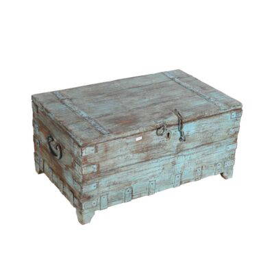Antique Aqua Patina Indian Teak Dowry Treasure Chest Coffee Table