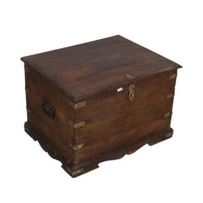 Antique Deep Mahogany Teak Indian Dowry Treasure Chest – Brass Detail Coffee Side Table