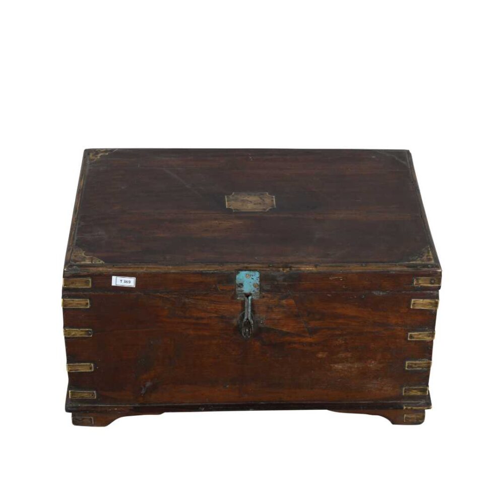 Antique Rich Walnut Teak Indian Dowry Treasure Chest – Brass & Blue Accent Coffee Side Table - Image 4