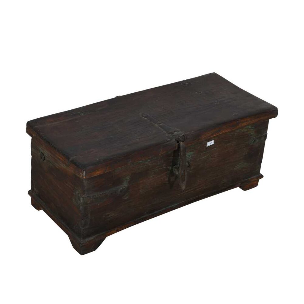 Antique Deep Chestnut & Verdigris Teak Indian Dowry Treasure Chest Coffee Side Table - Image 2