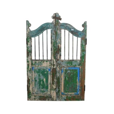 Antique Teal & Verdigris Painted Teak Indian Garden Dog Gates – 19th Century Gujarat Pair