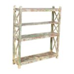 Antique Pistachio & Cream Patina Teak Industrial Kitchen Storage Pan Rack – 4 Tier c1900