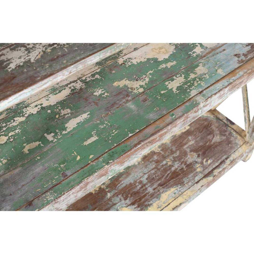Antique Pistachio & Cream Patina Teak Industrial Kitchen Storage Pan Rack – 4 Tier c1900 - Image 2