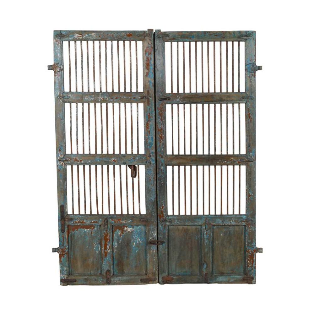 Antique Blue & Rust Patina Indian Teak Jali Door Pair – 19th Century Garden Gate - Image 2