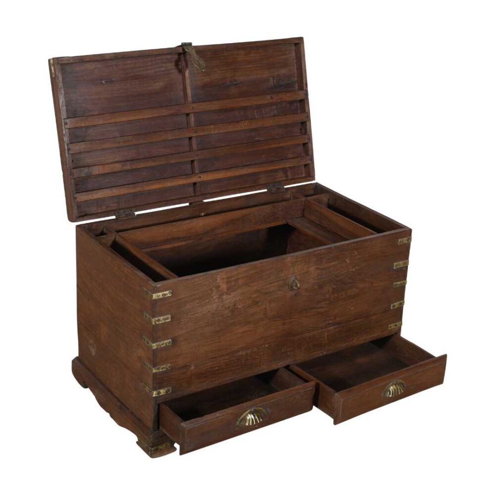 Antique Rich Brown Indian Teak Wood Dowry Treasure Chest – 19th Century Coffee Side Table