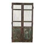 Antique Verdigris Teal & Rustic Brown Indian Teak Jali Door Garden Gate Pair – 19th Century