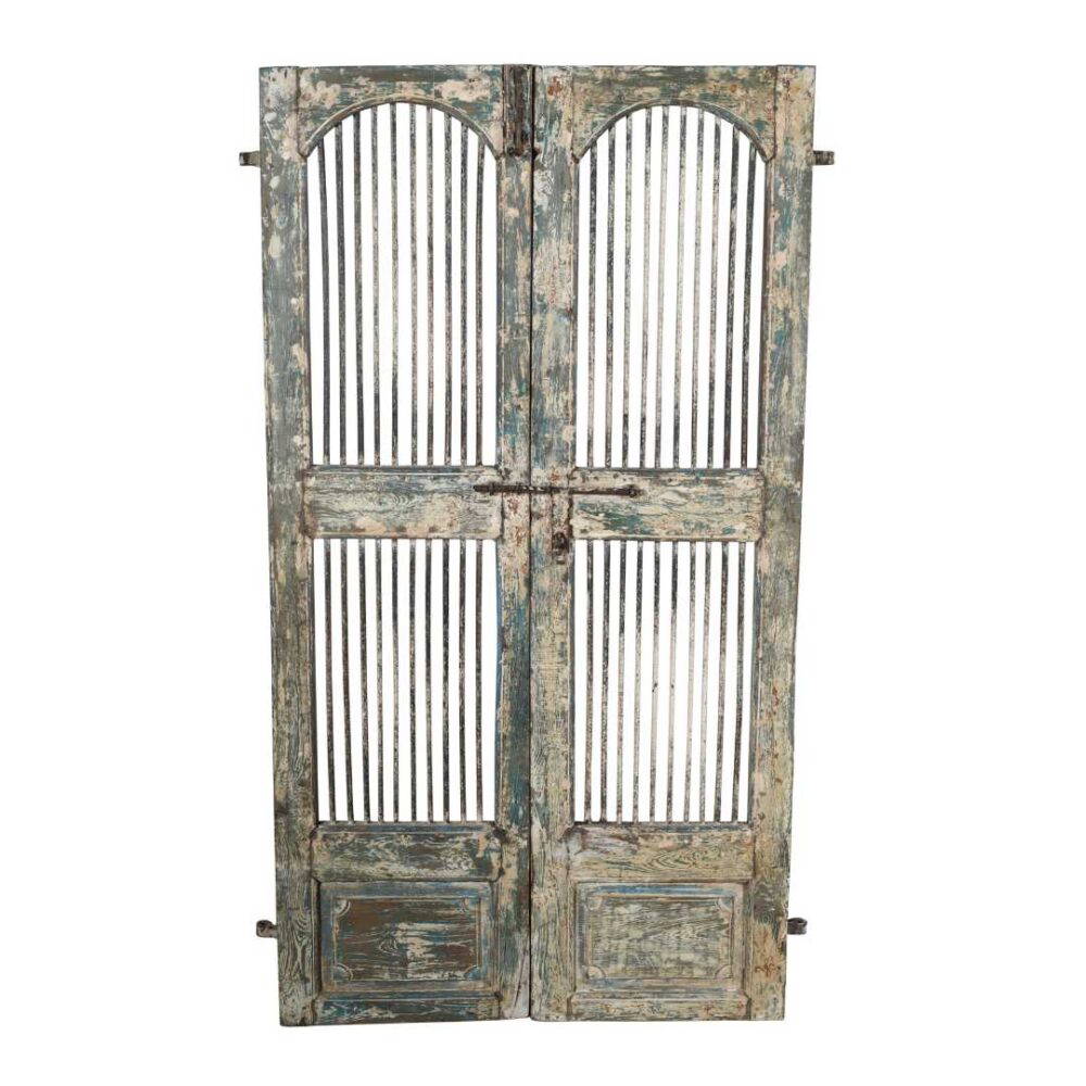 Antique Weathered Blue & Cream Indian Teak Jali Door Garden Gate Pair – 19th Century