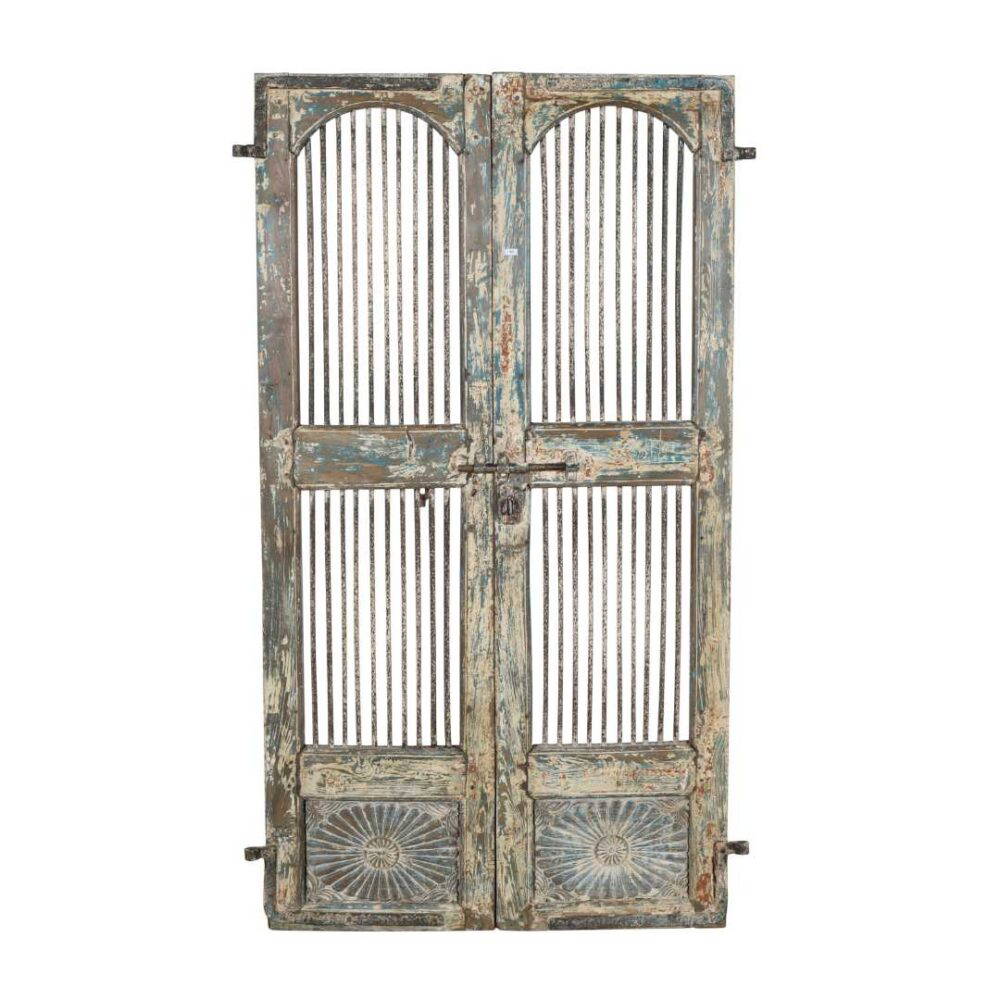 Antique Weathered Blue & Cream Indian Teak Jali Door Garden Gate Pair – 19th Century - Image 2