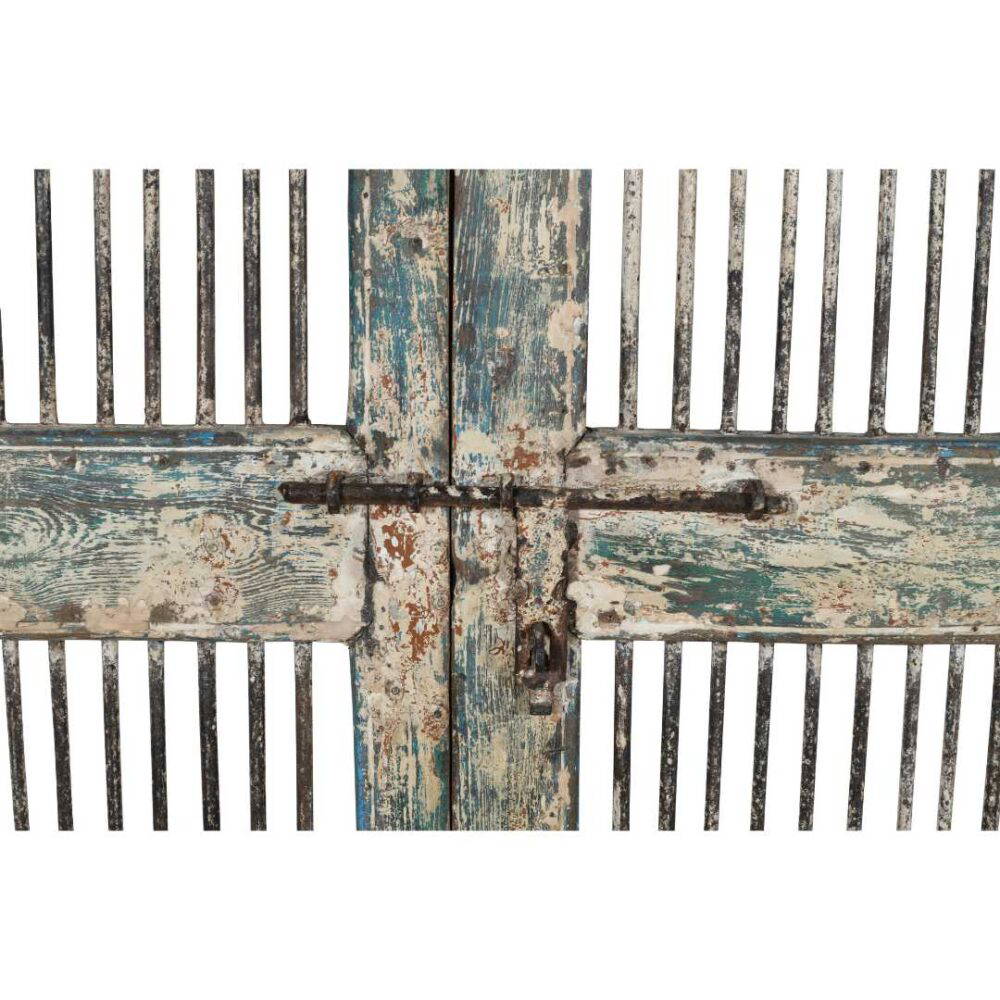 Antique Weathered Blue & Cream Indian Teak Jali Door Garden Gate Pair – 19th Century - Image 4
