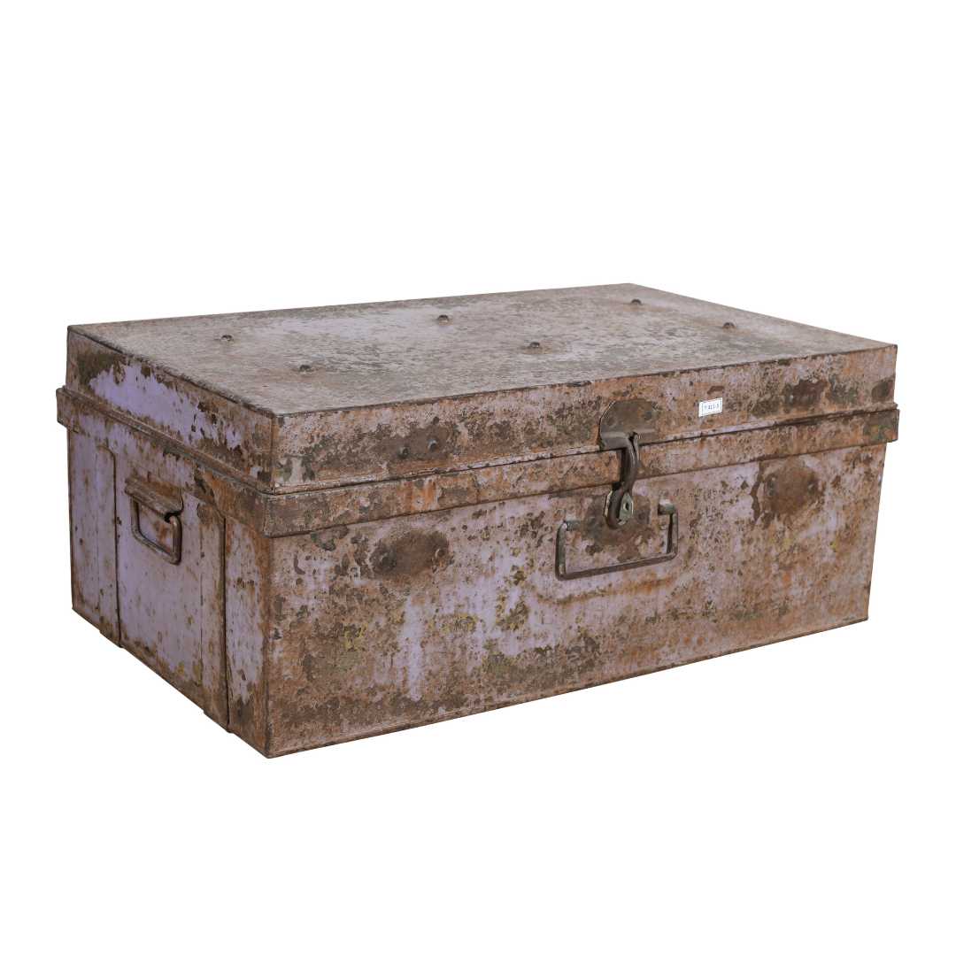 Vintage Indian Iron Train Travel Chest – Lilac & Verdigris Green Painted Coffee Table, c.1930
