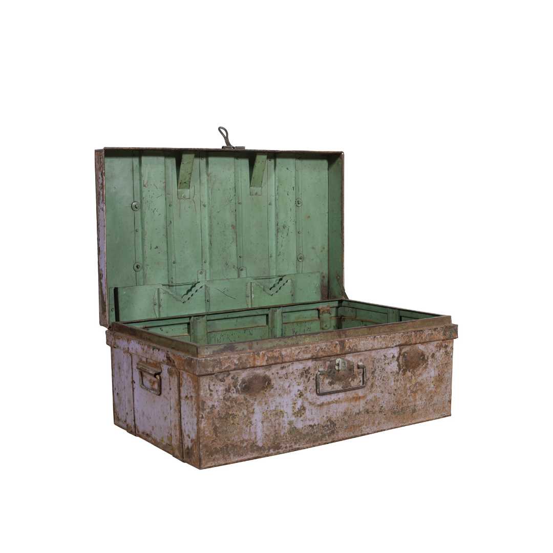 Vintage Indian Iron Train Travel Chest – Lilac & Verdigris Green Painted Coffee Table, c.1930 - Image 2