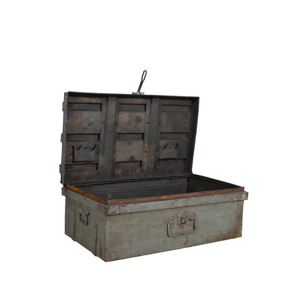 Vintage Indian Iron Train Travel Chest – Distressed Grey, Green & Red Painted Trunk, c.1930 - Image 2