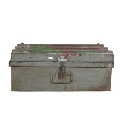 Vintage Indian Iron Train Travel Chest – Distressed Grey, Green & Red Painted Trunk, c.1930
