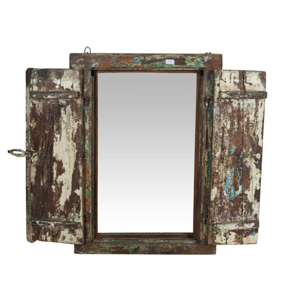 Antique Multi-Coloured Indian Teak Wood Shutter Window Mirror - Weathered Blue White Green Paint - Image 4
