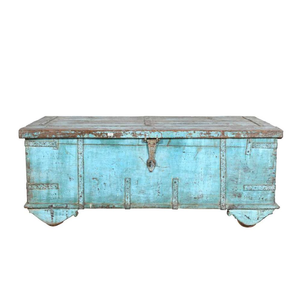 Antique Turquoise Blue Teak Surti Coffee Table Chest – Gujarat c1860 - Image 4