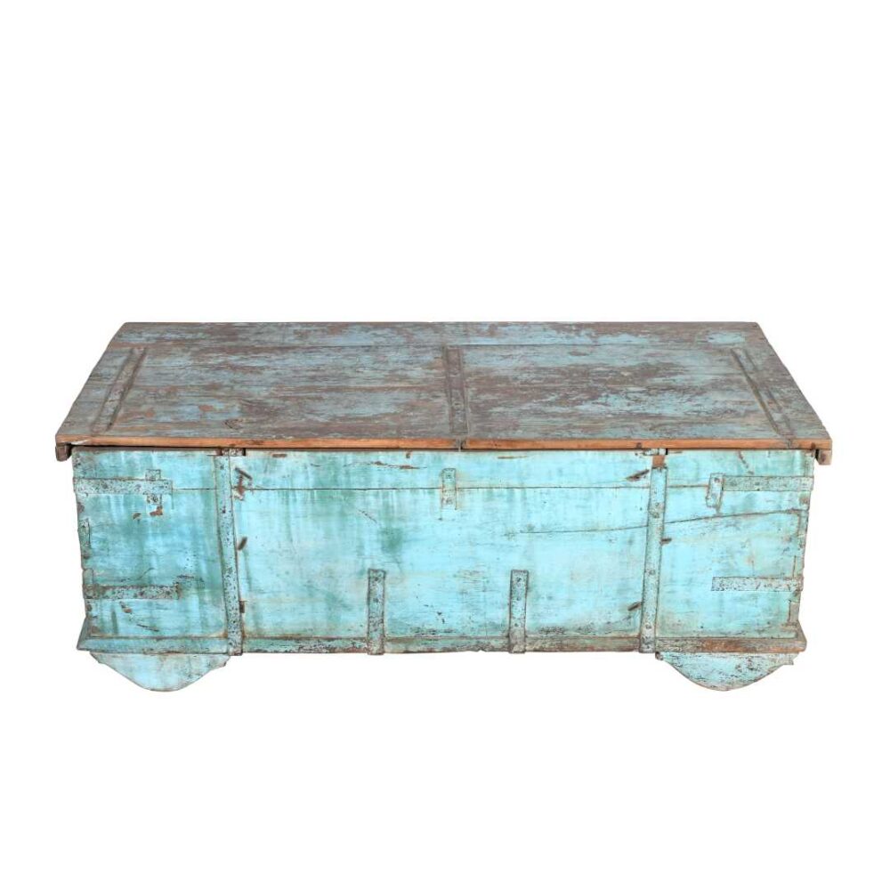 Antique Turquoise Blue Teak Surti Coffee Table Chest – Gujarat c1860 - Image 3
