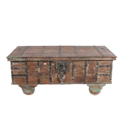 Antique Teak & Verdigris Green Surti Coffee Table Chest – Gujarat c1860