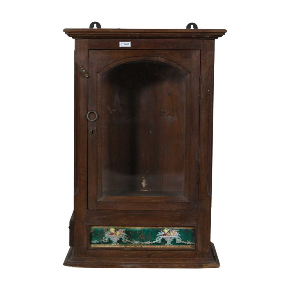 Antique Chestnut Teak Wall Mounted Spice or Medicine Cabinet with Green Ceramic Tiles & Drawers – India c1920 - Image 2