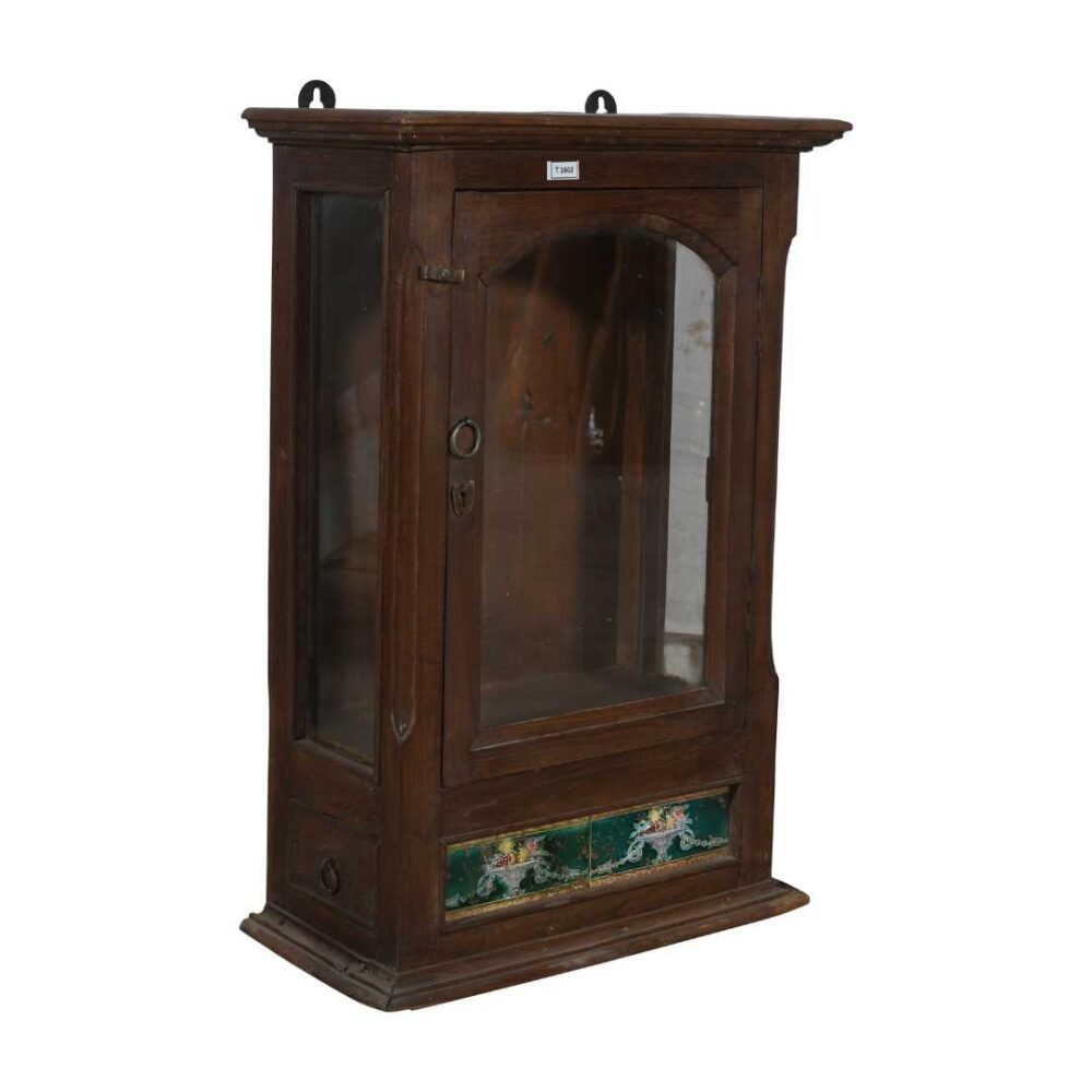 Antique Chestnut Teak Wall Mounted Spice or Medicine Cabinet with Green Ceramic Tiles & Drawers – India c1920