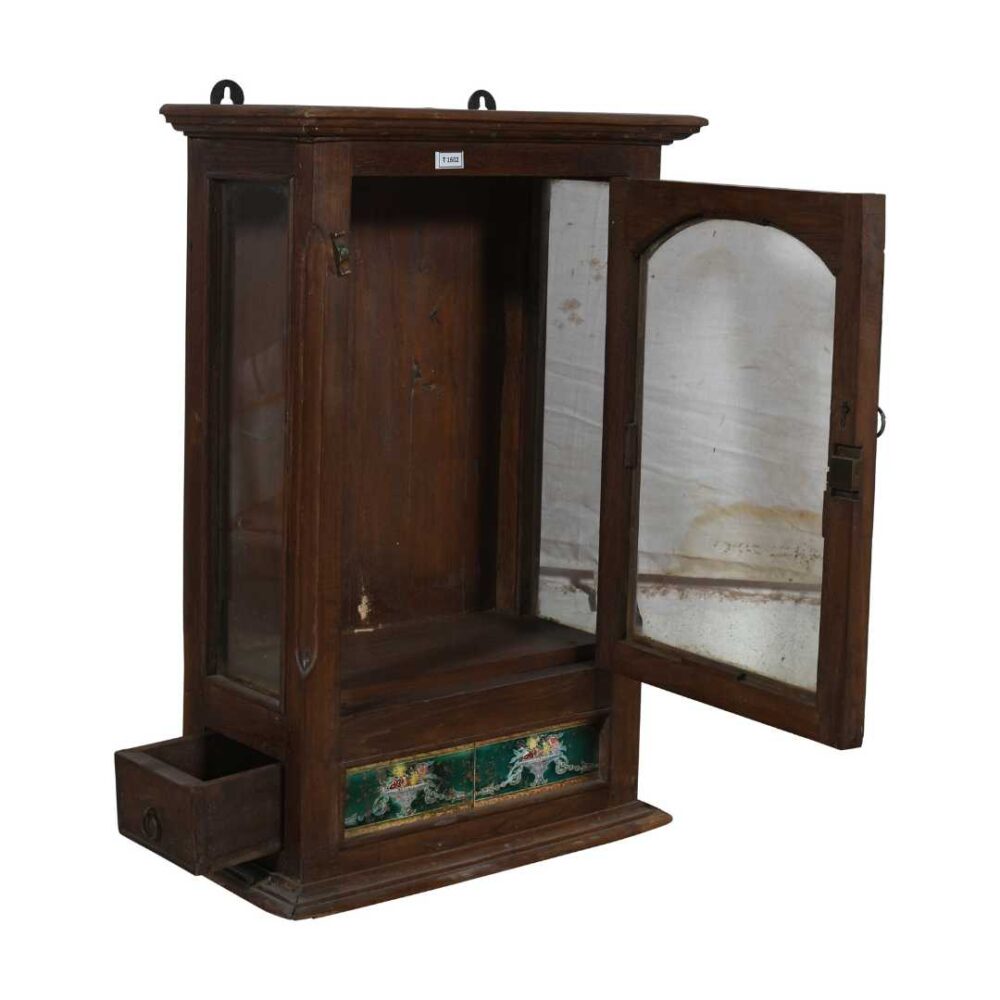 Antique Chestnut Teak Wall Mounted Spice or Medicine Cabinet with Green Ceramic Tiles & Drawers – India c1920 - Image 3