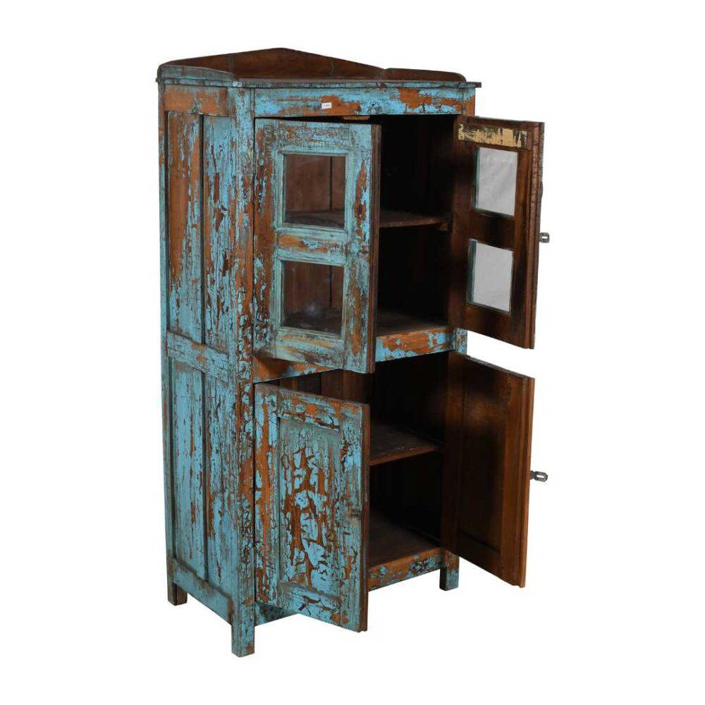 Antique Distressed Turquoise Teak Glass Almirah – Indian Cabinet c.1900 - Image 2