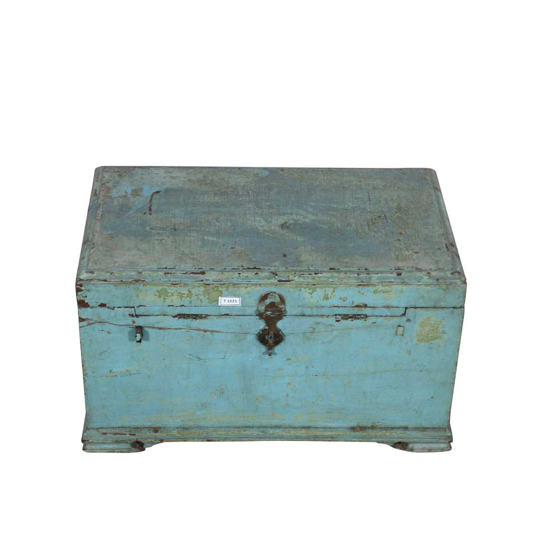Antique Distressed Aqua Blue Indian Teak Dowry Treasure Chest Coffee Side Table - Image 4