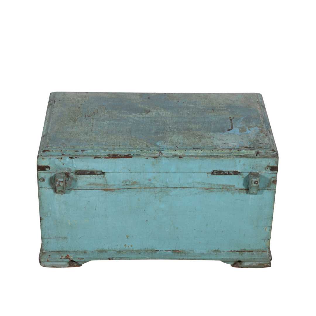 Antique Distressed Aqua Blue Indian Teak Dowry Treasure Chest Coffee Side Table - Image 5
