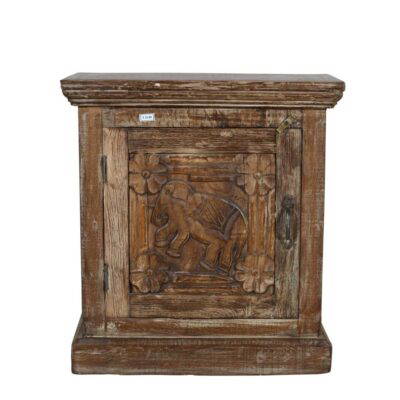 Vintage Rustic Brown Indian Teak Bedside Cabinet with Hand-Carved Elephant Motif