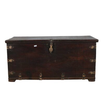 Antique Deep Walnut Brown Indian Teak Dowry Treasure Chest Coffee Side Table