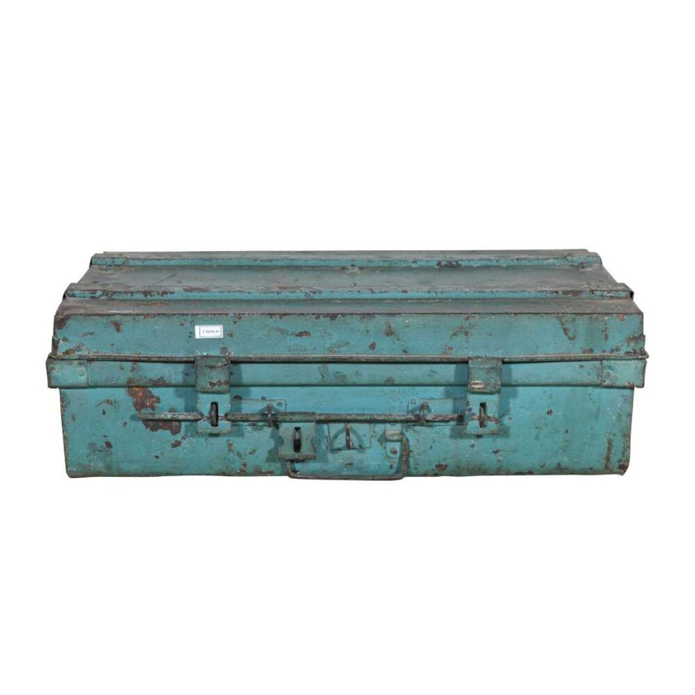 Vintage Turquoise Blue Indian Iron Train Travel Case Chest Coffee Table – c.1930 - Image 3