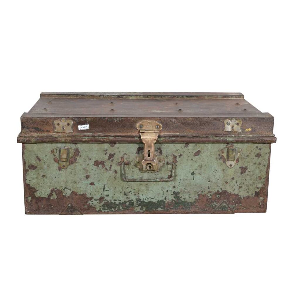 Vintage Sage Green & Rustic Iron Indian Train Travel Case Chest Coffee Table – c.1930 - Image 3