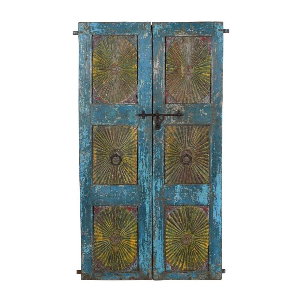 Antique Teal Blue & Sunburst Ochre Indian Painted Teak Wood Pair of Doors – 1880s Gujarat