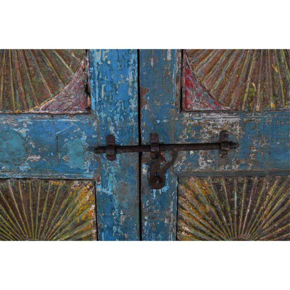 Antique Teal Blue & Sunburst Ochre Indian Painted Teak Wood Pair of Doors – 1880s Gujarat - Image 3