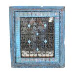 Antique Azure Blue Indian Teak & Iron Jali Window Mirror – 19th Century Rajasthan
