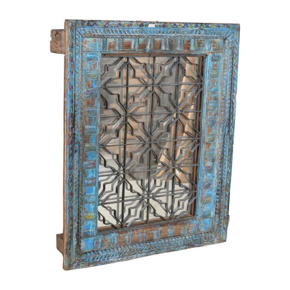 Antique Azure Blue Indian Teak & Iron Jali Window Mirror – 19th Century Rajasthan - Image 2