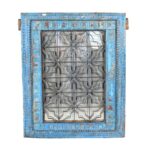 Antique Azure Blue Indian Teak & Iron Jali Window Mirror – Hand-Carved 19th Century Rajasthan