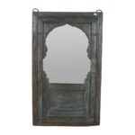 Antique Weathered Teal Indian Teak Wood Mehrab Window Mirror