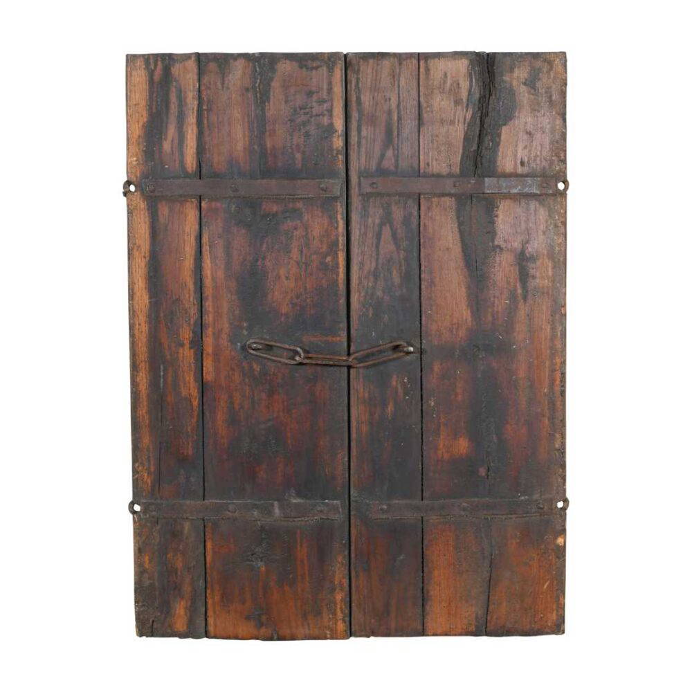 Antique Blue-Grey & Rustic Brown Indian Teak Wood Mehrab Window Shutter Pair