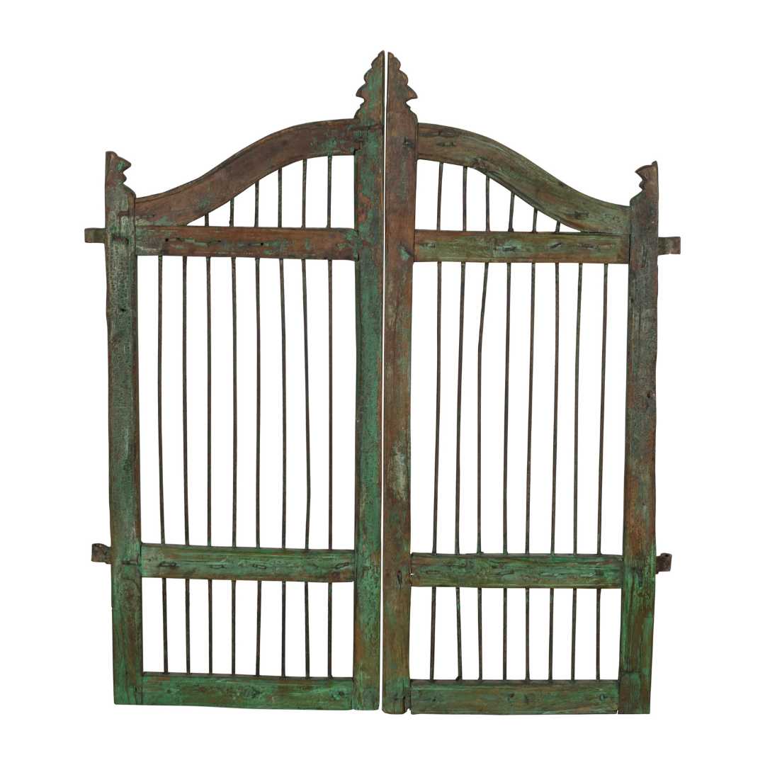 Antique Verdigris Green & Rustic Brown Indian Teak Dog Gates Garden Gate Pair (c.1880-1900)