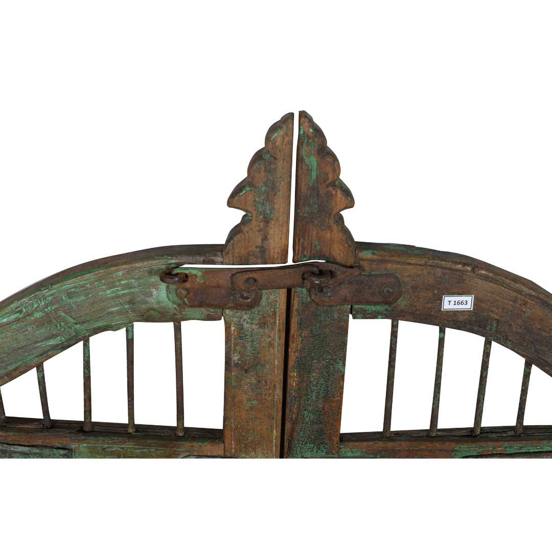 Antique Verdigris Green & Rustic Brown Indian Teak Dog Gates Garden Gate Pair (c.1880-1900) - Image 3