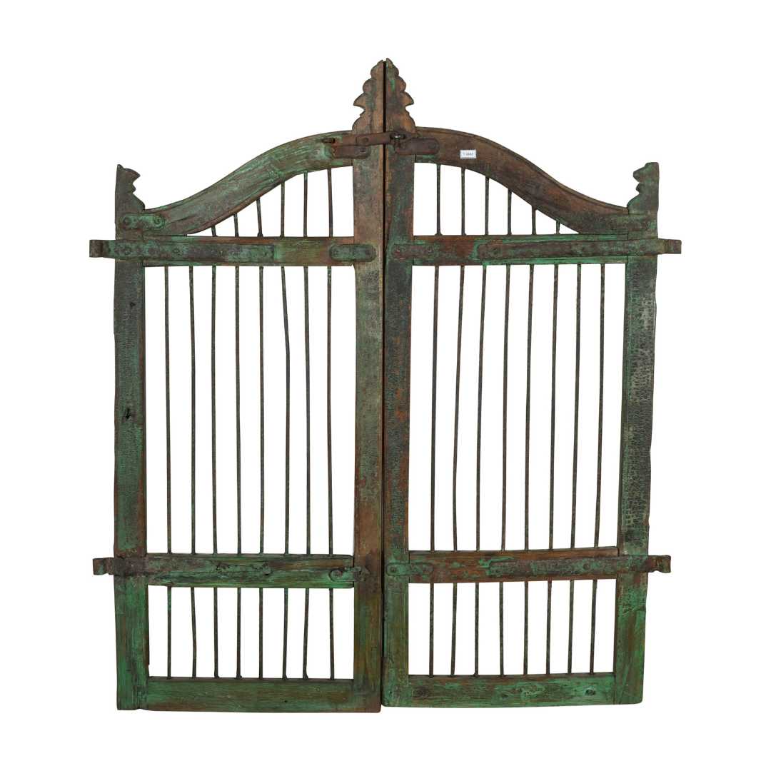 Antique Verdigris Green & Rustic Brown Indian Teak Dog Gates Garden Gate Pair (c.1880-1900) - Image 2