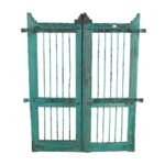 Antique Patinated Turquoise Indian Teak Dog Gates Garden Gate Pair (c.1880–1900)
