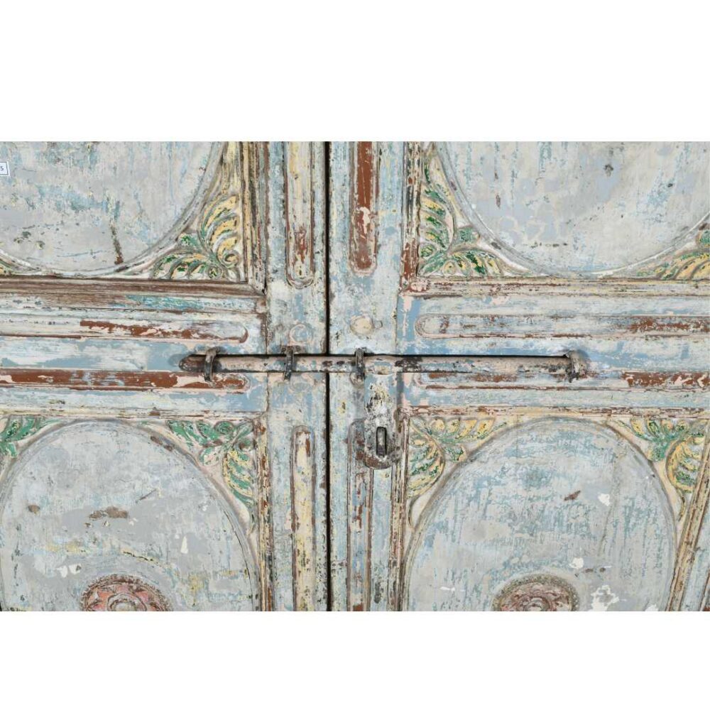 Antique Powder Blue & Faded Cream Indian Teak Doors – 1880s Gujarat Pair - Image 2