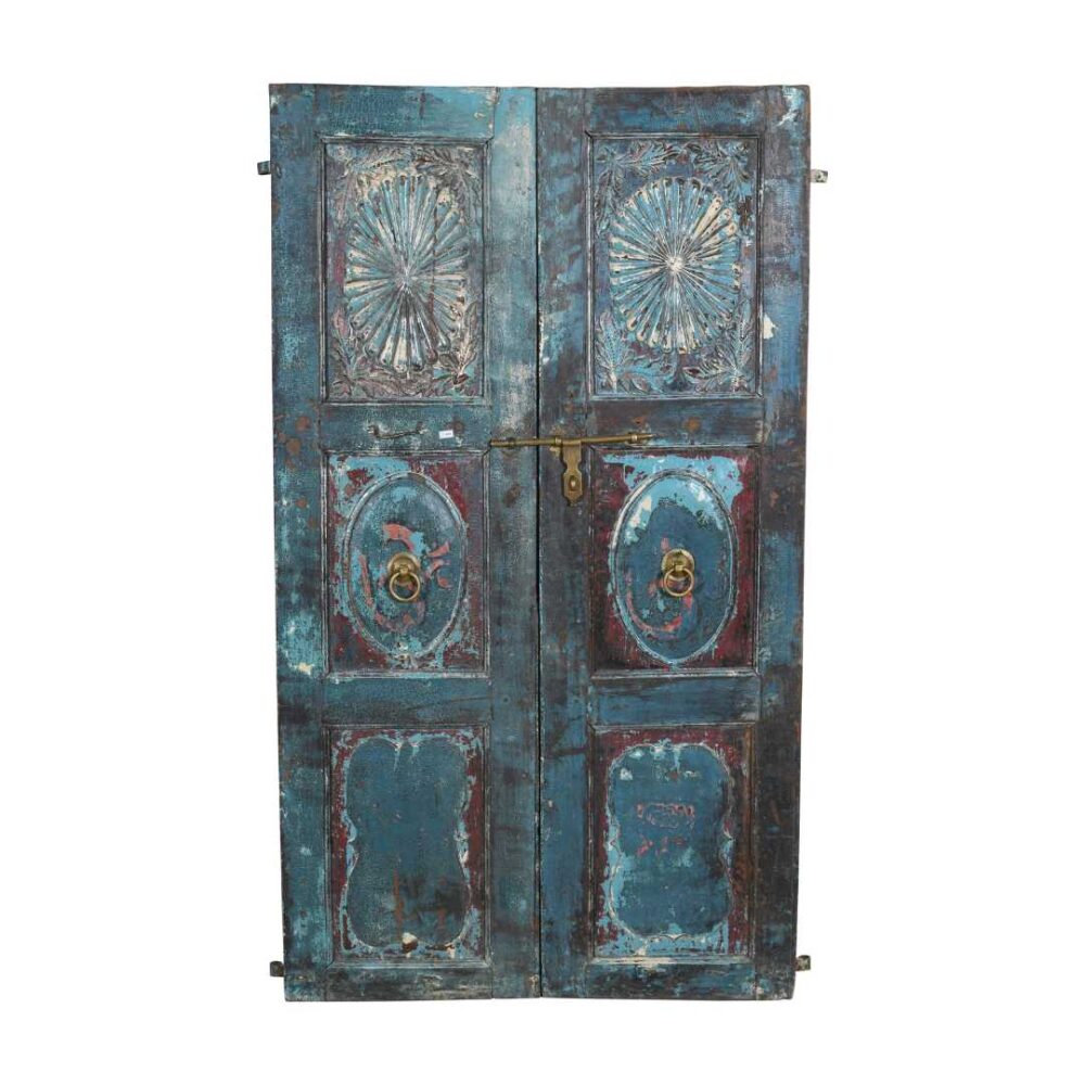 Antique Turquoise & Rustic Teak Indian Doors – 1880s Gujarat Pair