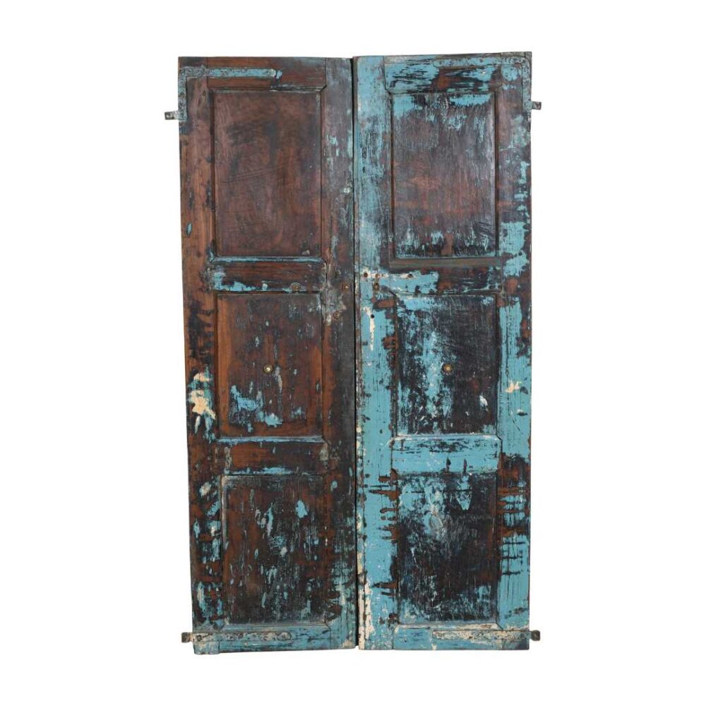 Antique Turquoise & Rustic Teak Indian Doors – 1880s Gujarat Pair - Image 2