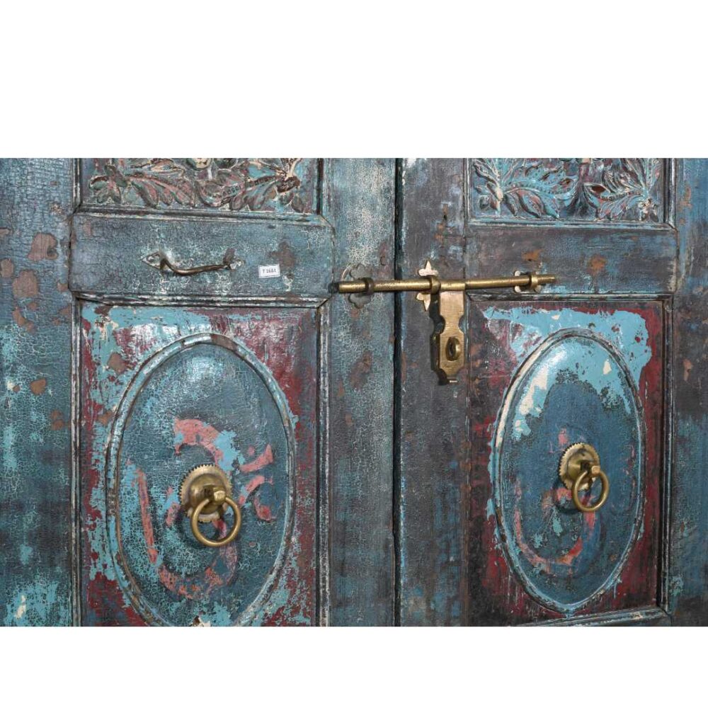 Antique Turquoise & Rustic Teak Indian Doors – 1880s Gujarat Pair - Image 3