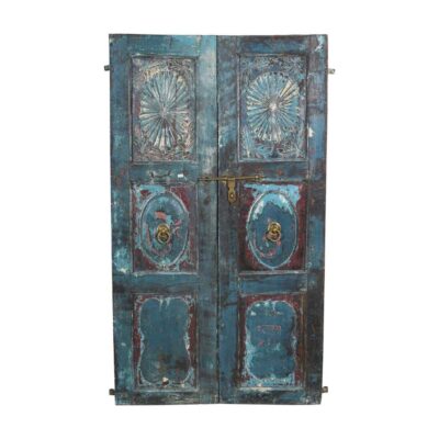 Antique Turquoise & Rustic Teak Indian Doors – 1880s Gujarat Pair